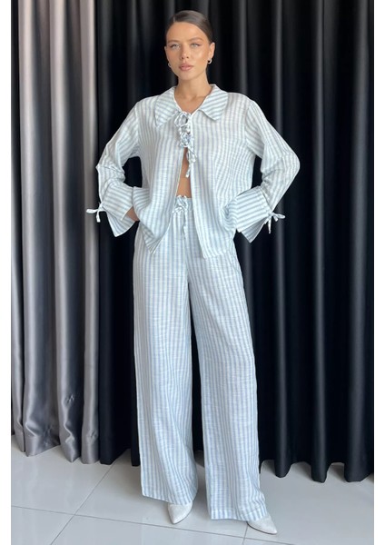 Ön Bağlamalı Çizgili Bluz Pantolon Ikili Takım P-00017572