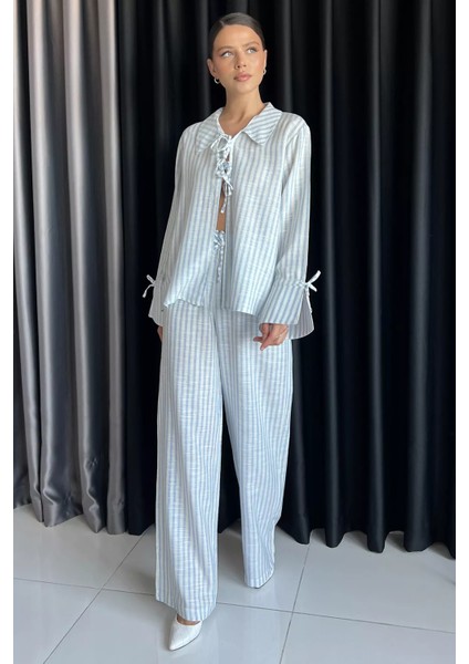 Ön Bağlamalı Çizgili Bluz Pantolon Ikili Takım P-00017572 fiyatları