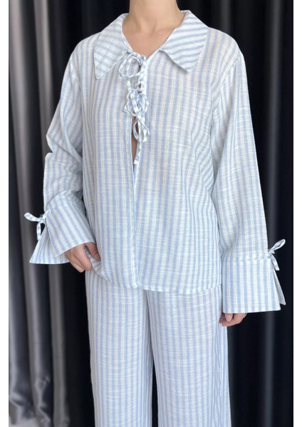 Ön Bağlamalı Çizgili Bluz Pantolon Ikili Takım P-00017572 fırsatları