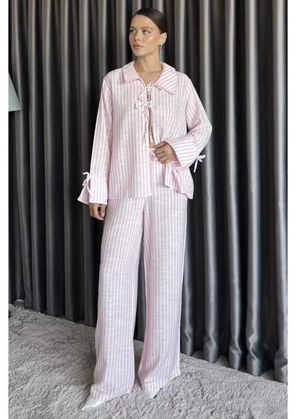Ön Bağlamalı Çizgili Bluz Pantolon Ikili Takım P-00017572