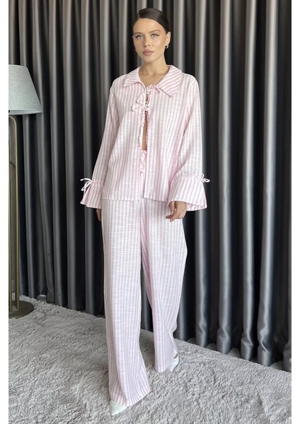 Ön Bağlamalı Çizgili Bluz Pantolon Ikili Takım P-00017572 fiyatları