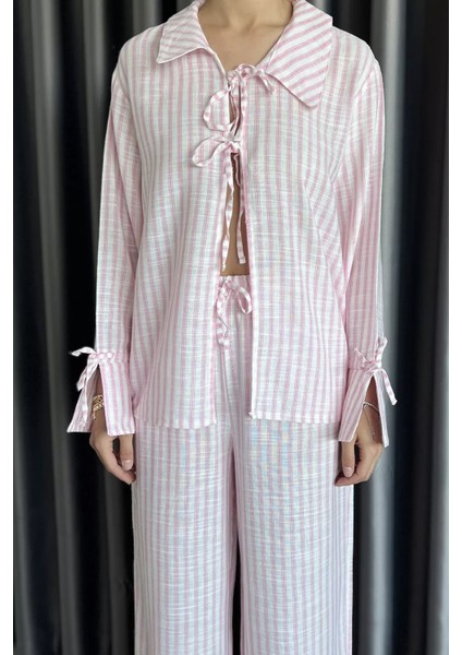 Ön Bağlamalı Çizgili Bluz Pantolon Ikili Takım P-00017572 fırsatları