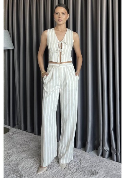 Astarlı Ön Bağlamalı Keten Yelek Pantolon Ikili Takım P-00017573