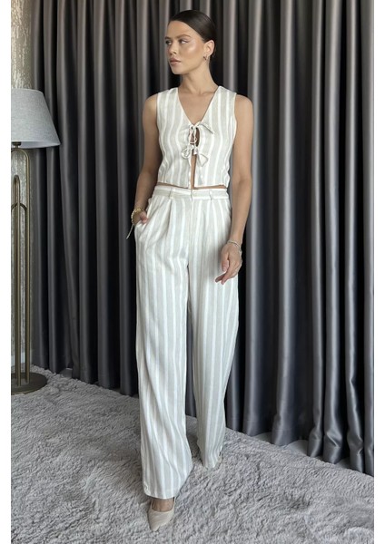 Astarlı Ön Bağlamalı Keten Yelek Pantolon Ikili Takım P-00017573 fiyatları