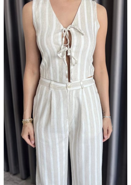 Astarlı Ön Bağlamalı Keten Yelek Pantolon Ikili Takım P-00017573 fırsatları