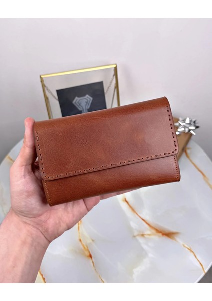 Hakiki Deri Saraciye Dikişli Çok Bölmeli Kadın Cüzdan 2095