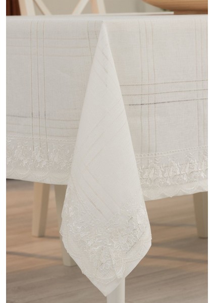 Elite Dantelli Keten Efektli Leke Tutmaz Lüks Masa Örtüsü 160X220 cm Krem 1 Adet