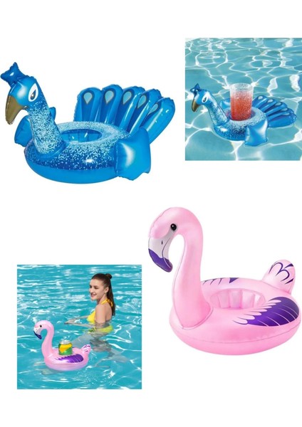 Elite 2'li Flamingo & Tavus Kuşu Tasarımlı Şişme Bardak Tutucu Bardaklık Havuz Deniz Plaj Eğlencesi Seti 1 Adet