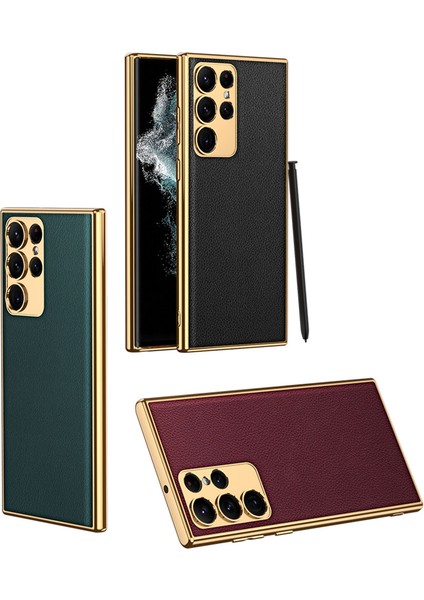 Galaxy S23 Ultra Kılıf Deri Görünümlü Kenarları Elektroplating Kaplama Joec Fizyon Kapak-Pembe fiyatları