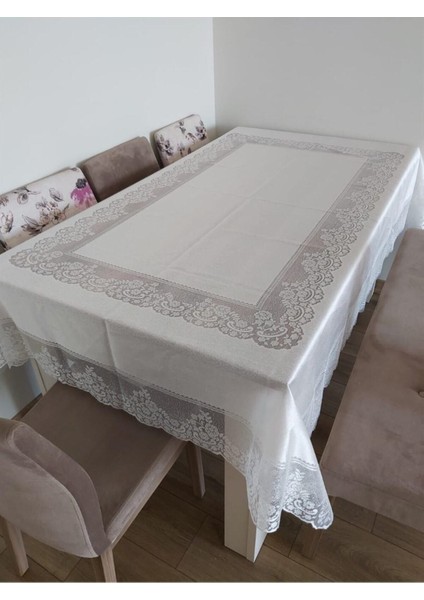 Elite Tül Masa Örtüsü Şık Tasarım Dantelli Dertsiz 160X220 Krem 1 Adet