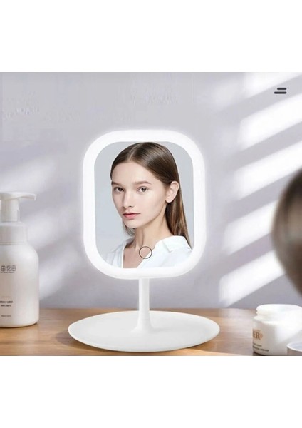 Dokunmatik Tuşlu LED Değişebilen Renkli Kare USB Li Şarjlı Yuvarlak Masa Üstü Makyaj Aynası