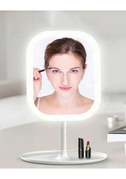 Dokunmatik Tuşlu LED Değişebilen Renkli Kare USB Li Şarjlı Yuvarlak Masa Üstü Makyaj Aynası