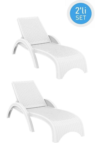 TRK-860 Siesta Fiji Rattan Desenli Ayarlanabilir Lüks Şezlong Beyaz 2'li Set