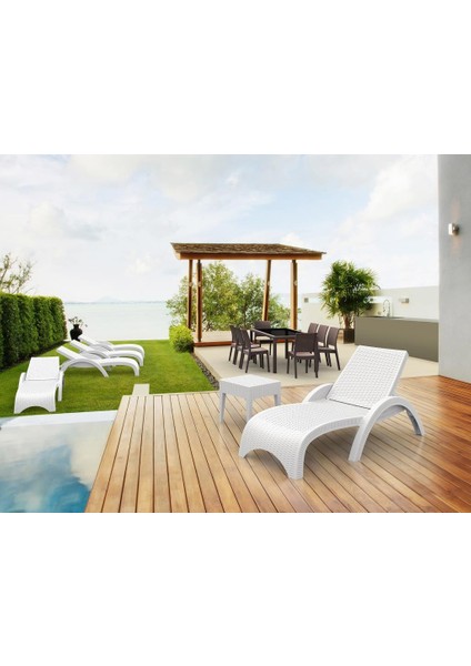 TRK-860 Siesta Fiji Rattan Desenli Ayarlanabilir Lüks Şezlong Beyaz 2'li Set