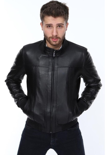 Hakiki Deri Siyah Jack Beli Lastikli Erkek Deri Ceket