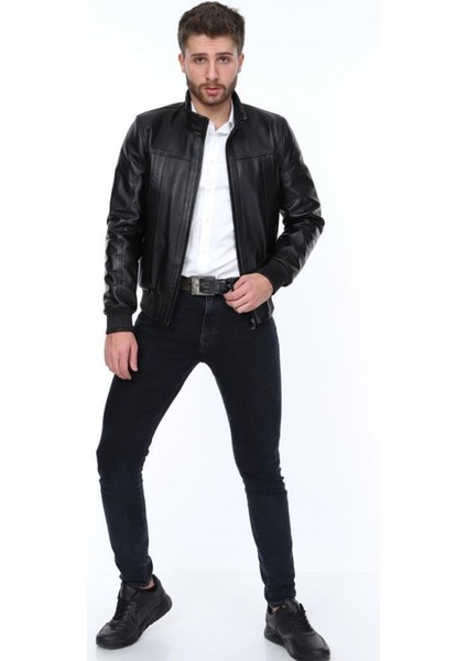 Hakiki Deri Siyah Jack Beli Lastikli Erkek Deri Ceket modelleri