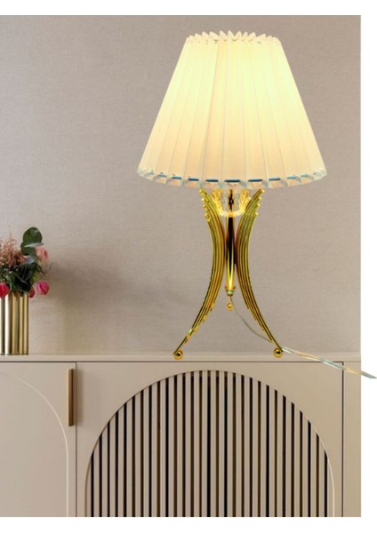 Modern Dekoratif Gold Metal Angel Model Açık Krem El Yapımı Pileli Kumaş Şapkalı Abajur
