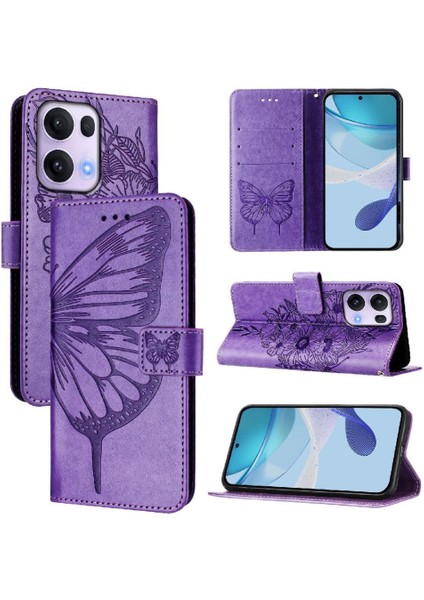 Oppo Reno 13 Pro Kabartma Kelebek Premium Deri Manyetik Için Kılıf (Yurt Dışından)
