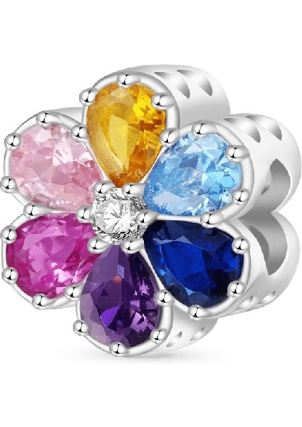 Değerli Gökkuşağı Taşlı Papatya Charm, 925 Ayar Gümüş