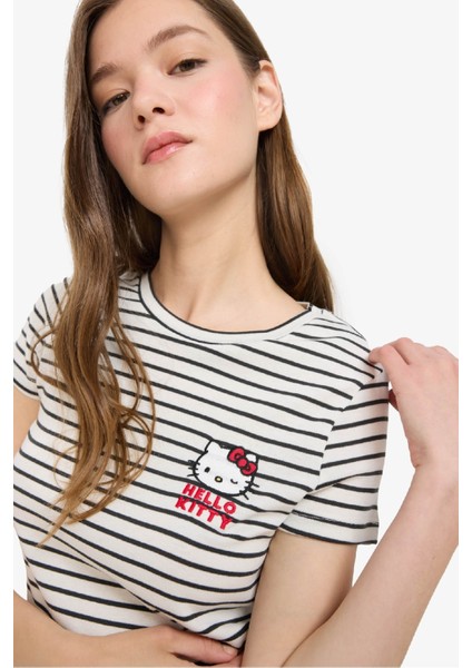 Coool Hello Kitty Çizgili Bisiklet Yaka Kısa Kollu Tişört F4566AX25SM modelleri