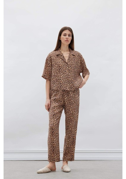 Carrot Fit Leopar Desenli Modal Kumaş Pantolon Çift Cepli Yüksek Bel Düz Paça E6360AX25SP