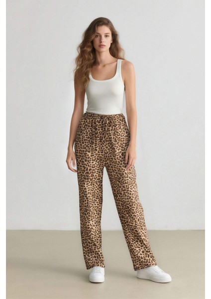 Carrot Fit Leopar Desenli Modal Kumaş Pantolon Çift Cepli Yüksek Bel Düz Paça E6360AX25SP