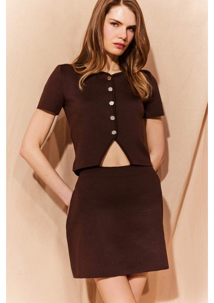 Fitted Bisiklet Yaka Düğmeli Kısa Kollu Triko Hırka F1882AX25SM