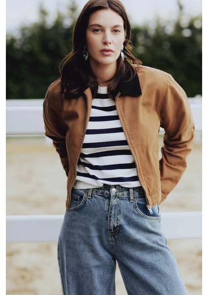 Regular Fit Kontrast Yakalı Fermuarlı Cepli Pamuklu Ceket Mont E6260AX25SP