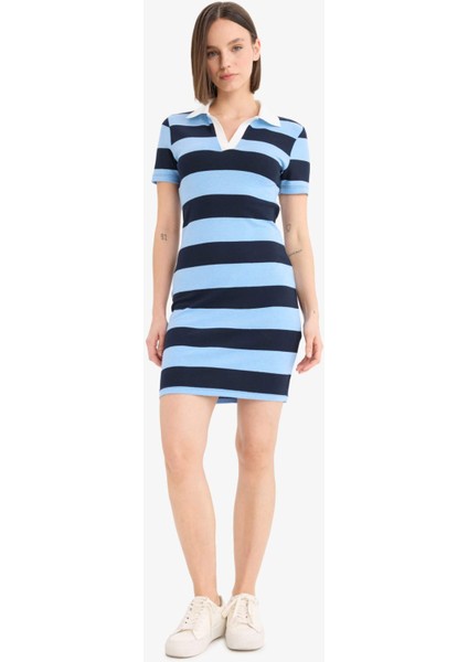 Bodycon Vücudu Saran Polo Yaka Çizgili Ribana Kısa Kollu Mini Elbise E5701AX25SP indirimleri