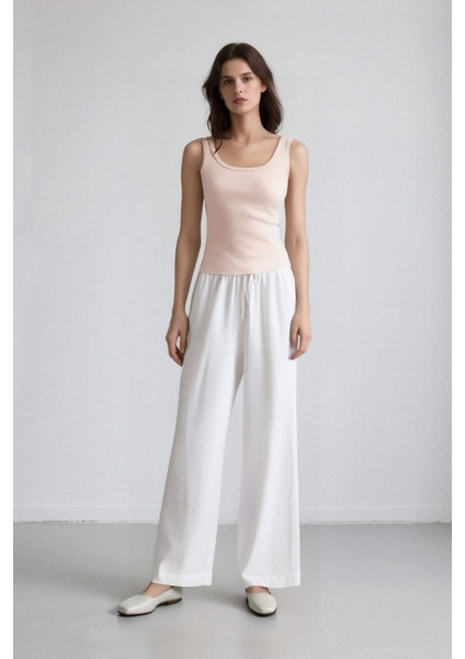 Wide Leg Çift Cepli Yüksek Bel Geniş Paça Beyaz Palazzo Pantolon F2662AX25SM