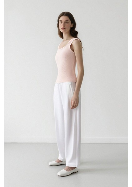 Wide Leg Çift Cepli Yüksek Bel Geniş Paça Beyaz Palazzo Pantolon F2662AX25SM