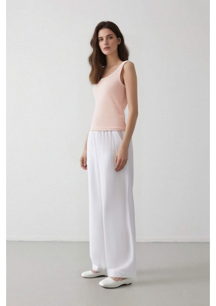 Wide Leg Çift Cepli Yüksek Bel Geniş Paça Beyaz Palazzo Pantolon F2662AX25SM