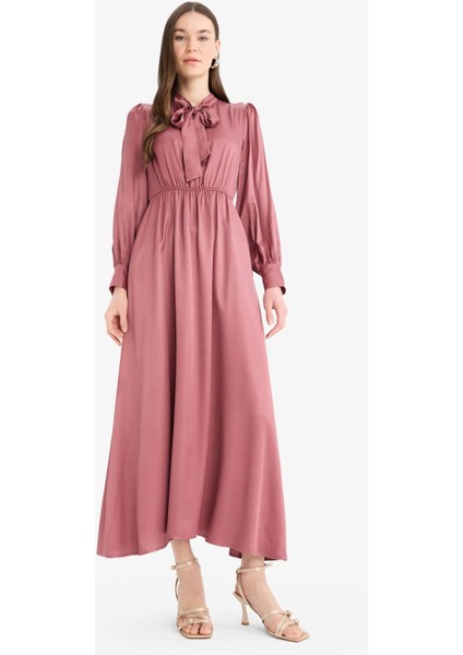 Regular Fit Fiyonk Yaka Saten Uzun Kollu Midi Elbise F0819AX25SP