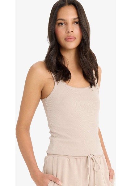 Slim Fit Dar Kesim Basic Düz Yuvarlak Yaka Fitilli Kaşkorse Atlet E5539AX25SM