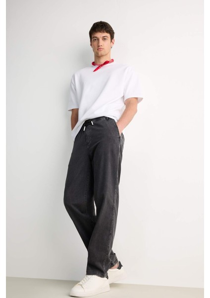 Yazlık Wide Leg Geniş Kalıp Beli Lastikli Geniş Paça Jean Kar Yıkamalı Pantolon F2949AX25SP