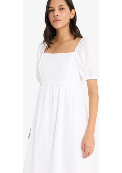 Kare Yaka Poplin Kısa Kollu Maxi Beyaz Yazlık Elbise F3108AX25SM modelleri