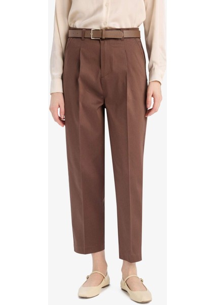 Carrot Fit Kemerli Klasik Pantolon Yüksek Bel Dar Paça Piliseli Basic Düz Kısa Paça D4282AX25SM