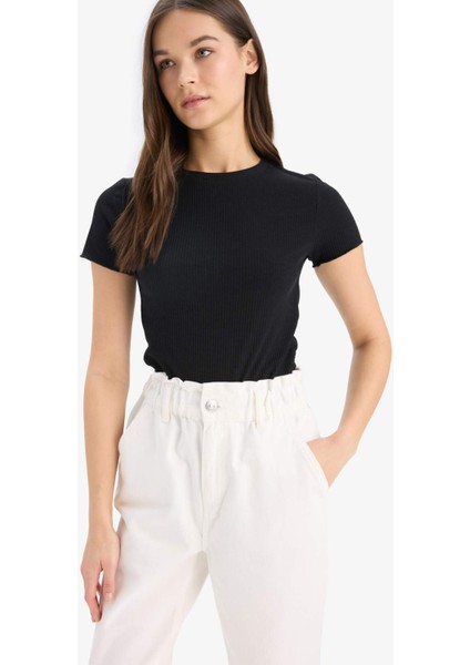 Fitted Bisiklet Yaka Basic Düz Fitilli Kaşkorse Kısa Kollu Siyah Tişört K7064AZ25SM