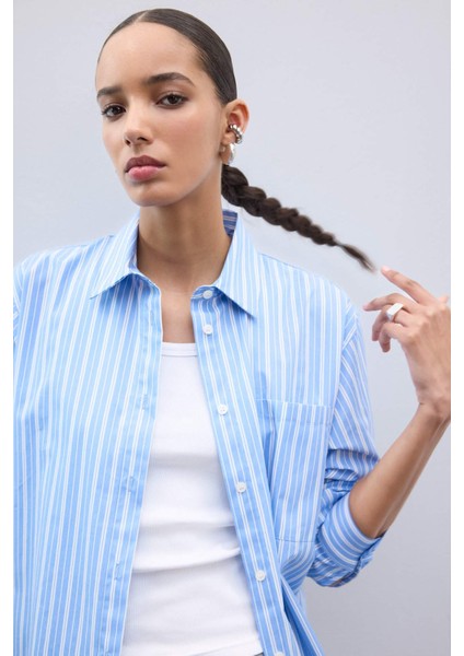 Oversize Geniş Kalıp Çizgili Poplin Uzun Kollu Gömlek E2205AX25SP