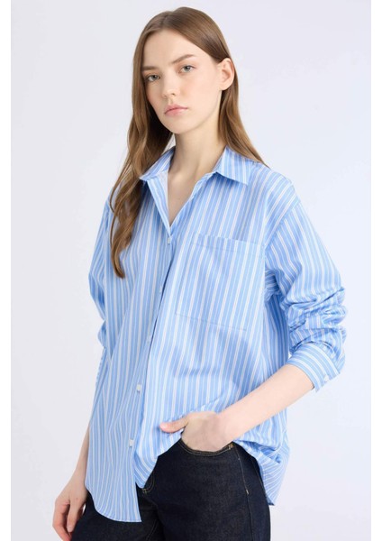 Oversize Geniş Kalıp Çizgili Poplin Uzun Kollu Gömlek E2205AX25SP