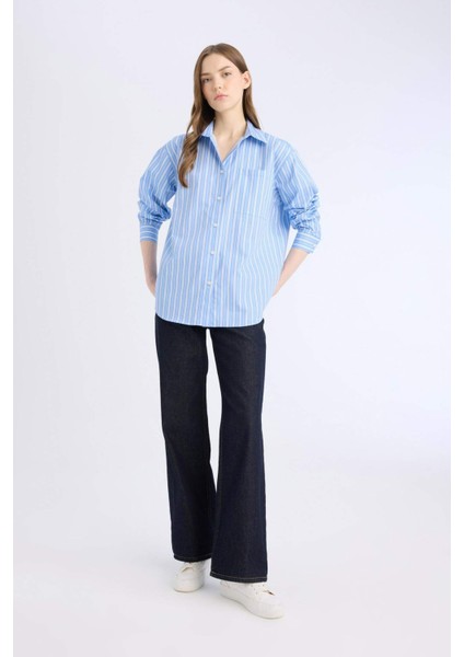 Oversize Geniş Kalıp Çizgili Poplin Uzun Kollu Gömlek E2205AX25SP