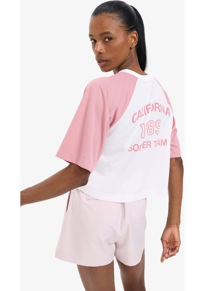 Fit Crop Top Bisiklet Yaka Slogan Baskılı Sporcu Kısa Kollu Tişört D8031AX25SP