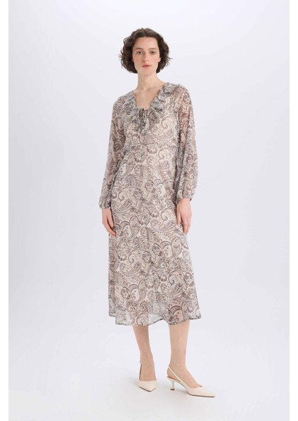 Fırfırlı Yaka Etnik Desenli Şifon Uzun Kollu Midi Elbise E7169AX25SP fırsatları