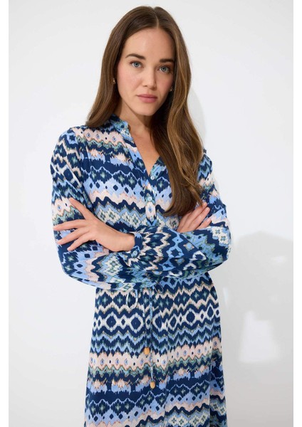 Regular Fit Desenli Bisiklet Yaka Uzun Kollu Midi Elbise D5447AX25SP modelleri