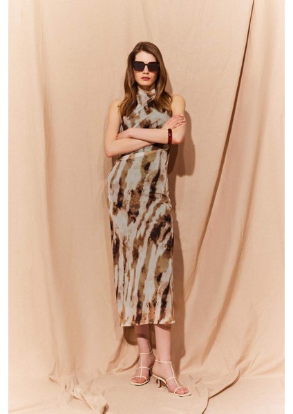 Bodycon Vücudu Saran Batik Tül Kolsuz Maxi Elbise E8340AX25SP