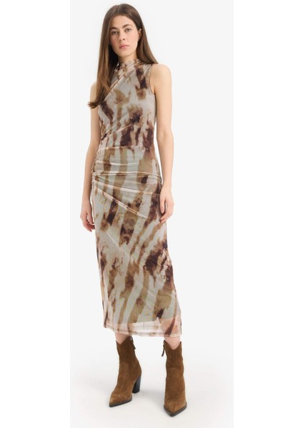 Bodycon Vücudu Saran Batik Tül Kolsuz Maxi Elbise E8340AX25SP fırsatları
