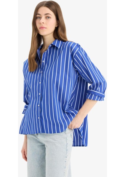Oversize Geniş Kalıp Çizgili Poplin Uzun Kollu Gömlek E6615AX25SP fırsatları