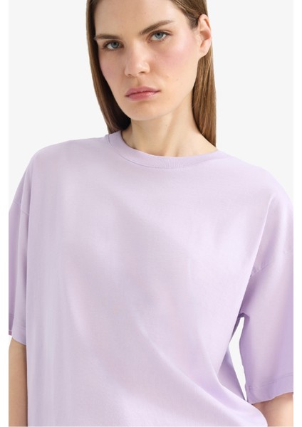 Oversize Geniş Kalıp Bisiklet Yaka Basic Düz Penye Kısa Kollu Tişört C0099AX25SP