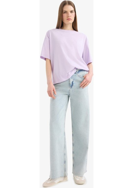 Oversize Geniş Kalıp Bisiklet Yaka Basic Düz Penye Kısa Kollu Tişört C0099AX25SP