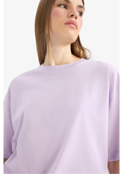 Oversize Geniş Kalıp Bisiklet Yaka Basic Düz Penye Kısa Kollu Tişört C0099AX25SP